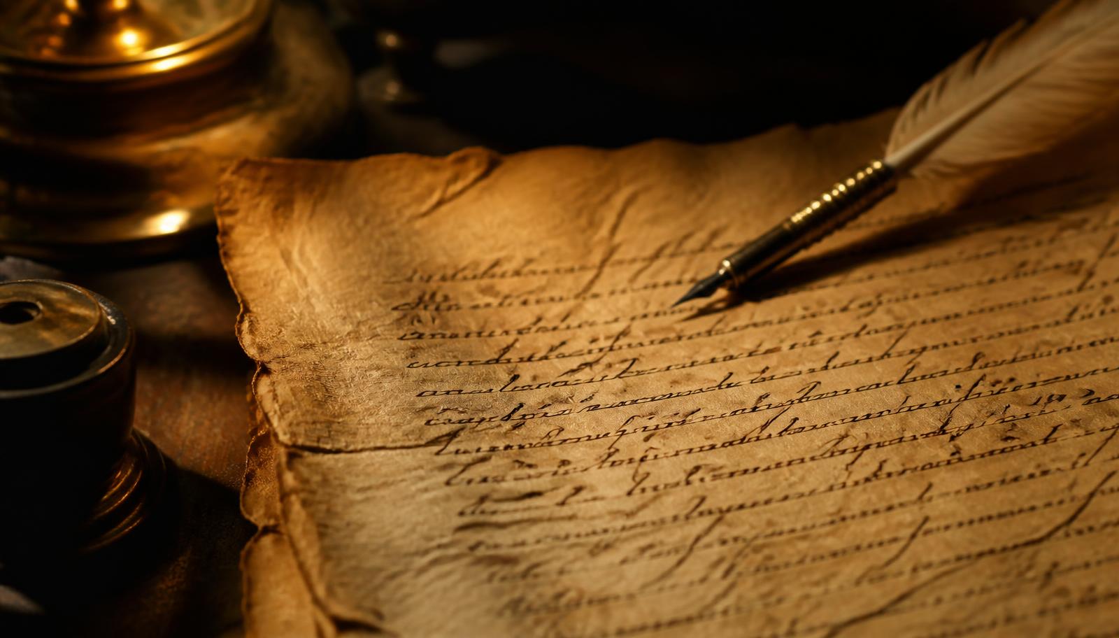 Aged parchment document written with a quill pen